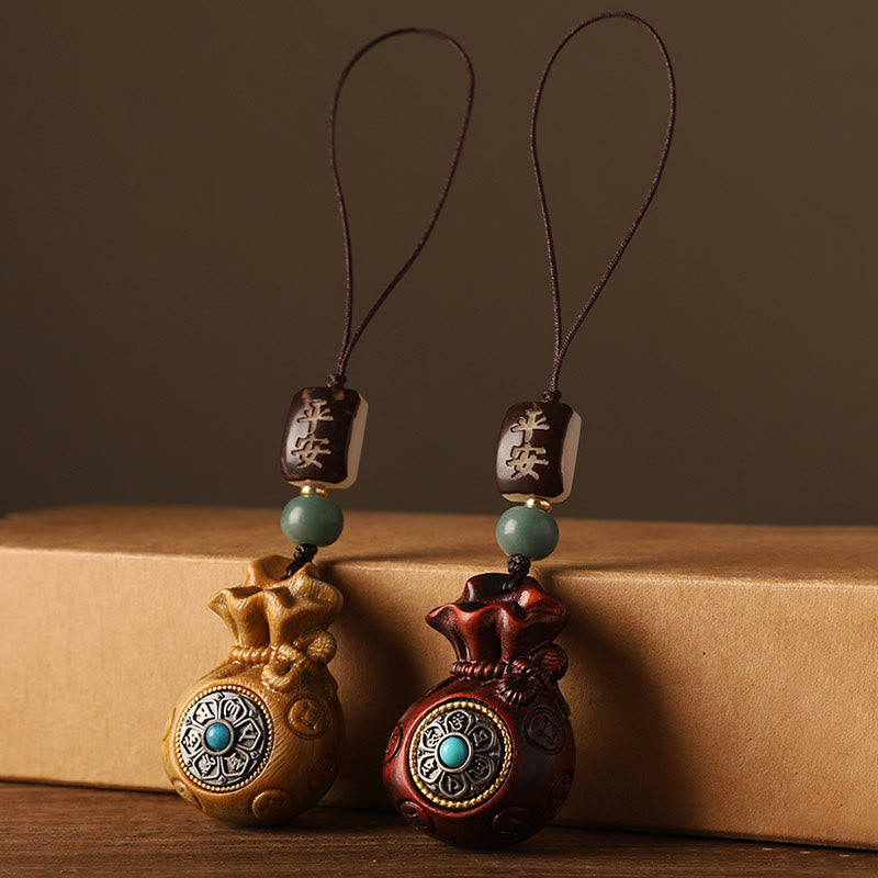 Small Leaf Red Sandalwood Green Sandalwood Money Bag Om Mani Padme Hum Rotatable Protection Keychain Phone Hanging Decoration