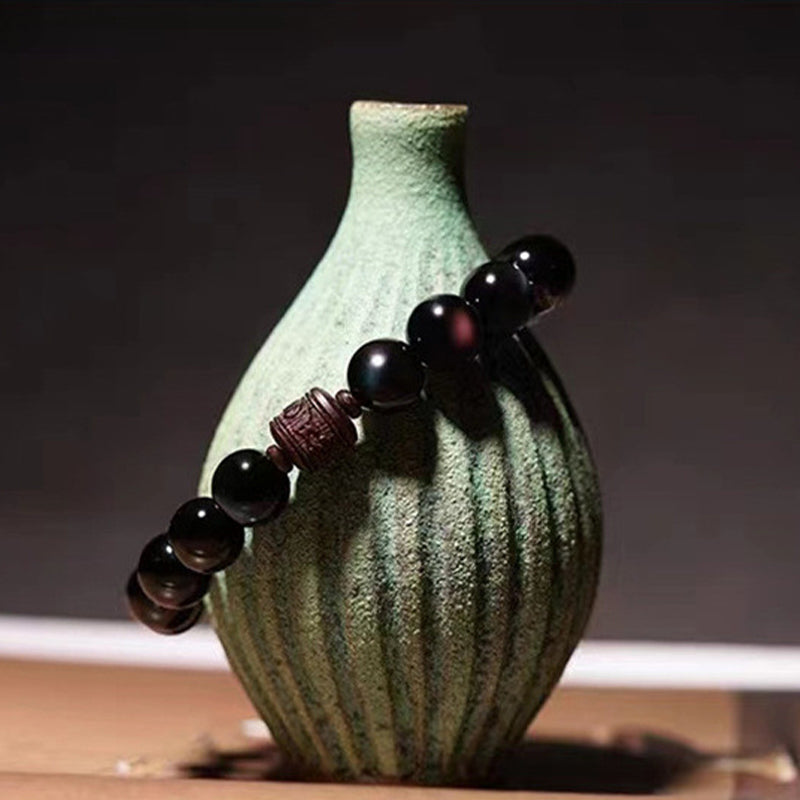 Natural Gold Sheen Obsidian Rainbow Obsidian Om Mani Padme Hum Fu Character Bracelet