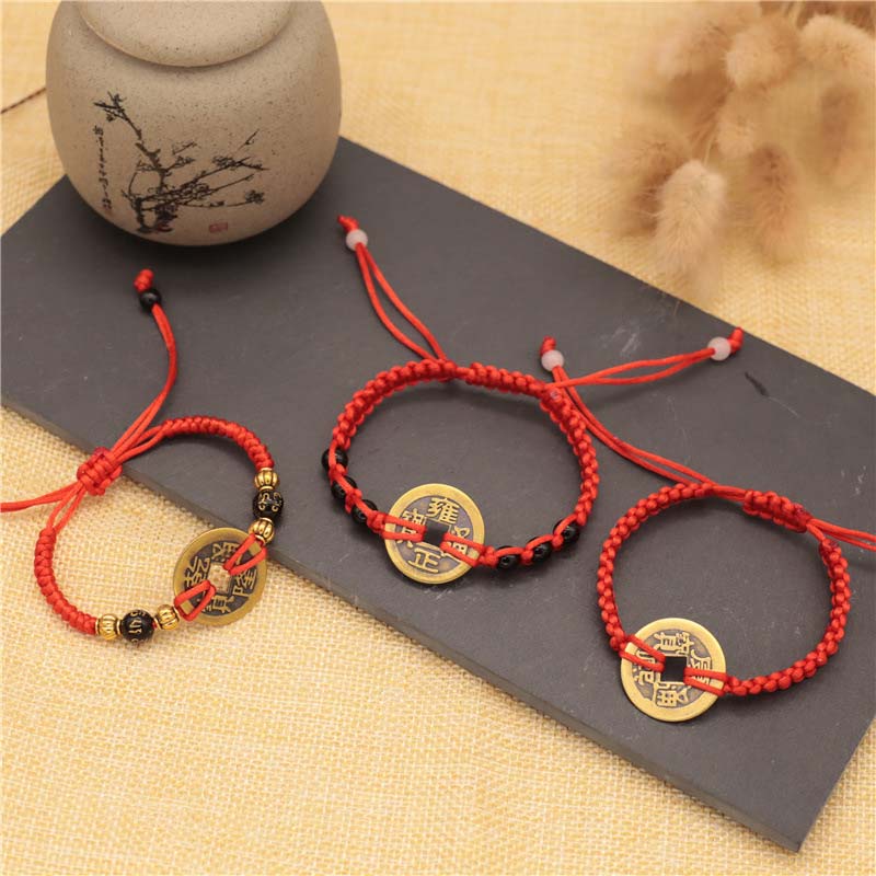 Copper Coin Fortune Red String Weave Bracelet