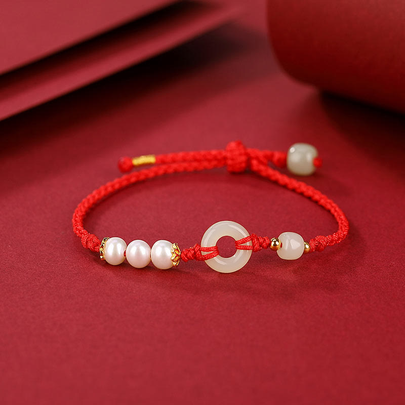 925 Sterling Silver Plated Gold Hetian Jade Peace Buckle Pearl Luck Bracelet