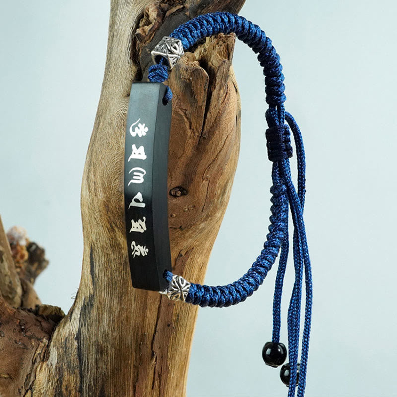 Buddhism Six True Words Wood Ebony Wood Silver Inlaid Protection Bracelet