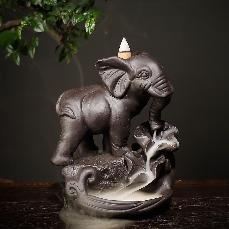 Tibetan Elephant Purple Clay Backflow Smoke Fountain Peace Incense Burner Decoration
