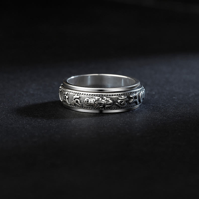 Tibetan Om Mani Padme Hum PiXiu Engraved Wealth Luck Rotatable Ring