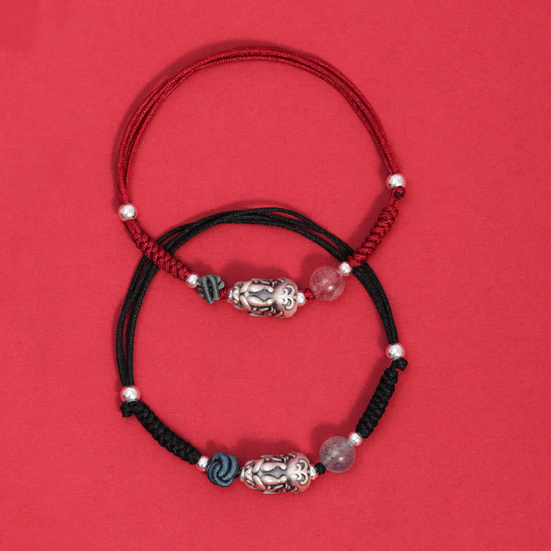 999 Sterling Silver PiXiu Strawberry Quartz Bead Wealth Luck Braided Bracelet