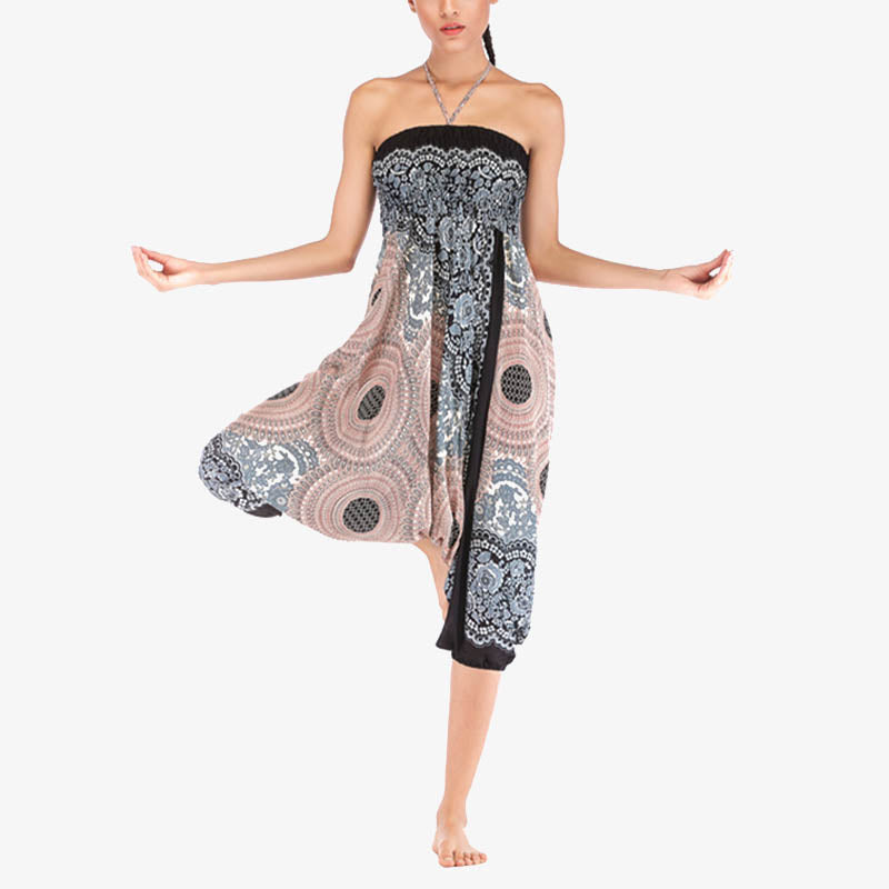 Two Style Wear Round Geometric Pattern Loose Smocked Harem Trousers Jumpsuit High Waist Women's Yoga Pants