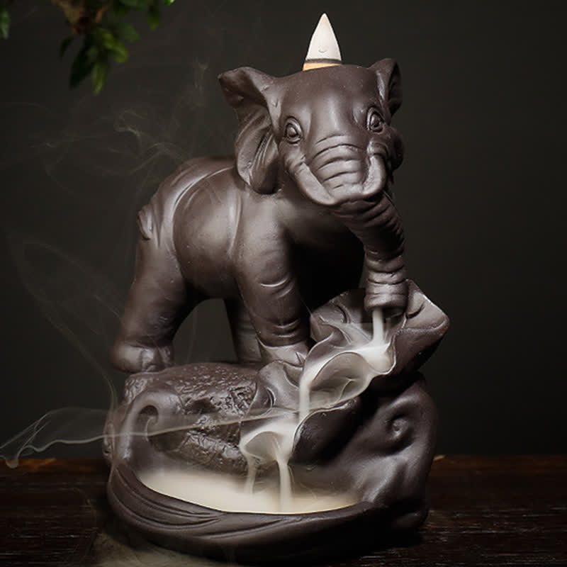 Tibetan Elephant Purple Clay Backflow Smoke Fountain Peace Incense Burner Decoration