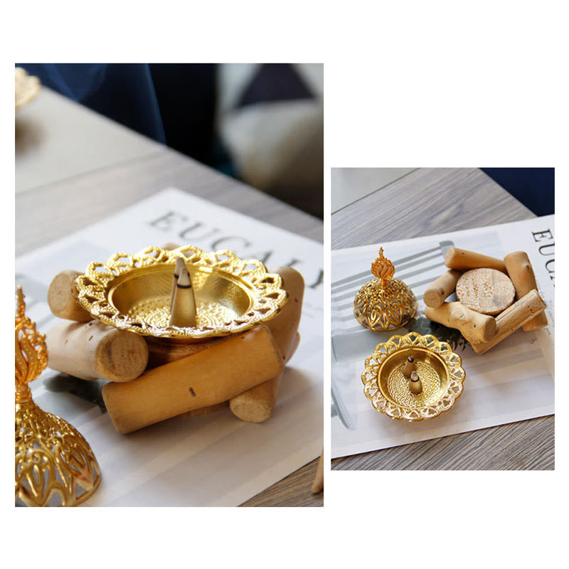 Gold Alloy Mini Incense Burner With Wooden Coaster Home Decor