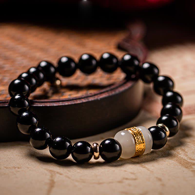 Black Obsidian Jade Om Mani Padme Hum Strength Couple Magnetic Bracelet