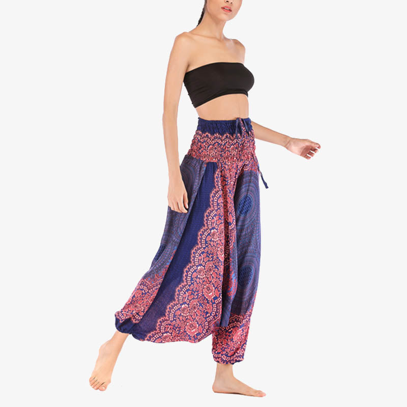 Two Style Wear Round Geometric Pattern Loose Smocked Harem Trousers Jumpsuit High Waist Women's Yoga Pants