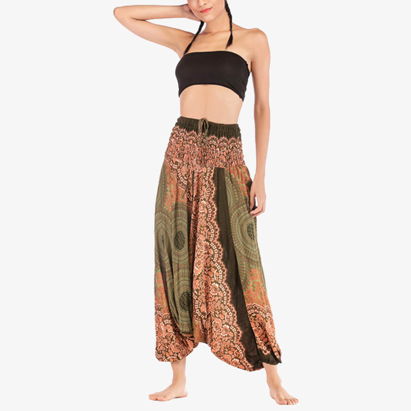Two Style Wear Round Geometric Pattern Loose Smocked Harem Trousers Jumpsuit High Waist Women's Yoga Pants