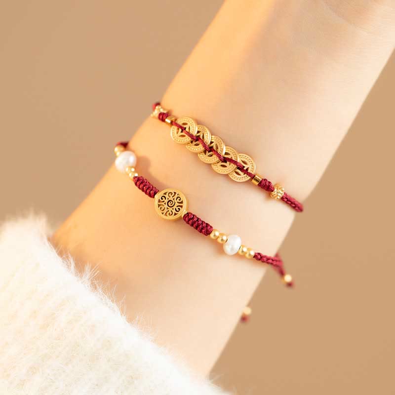 Copper Coin Fortune Tree Luck Strength Braided Bracelet