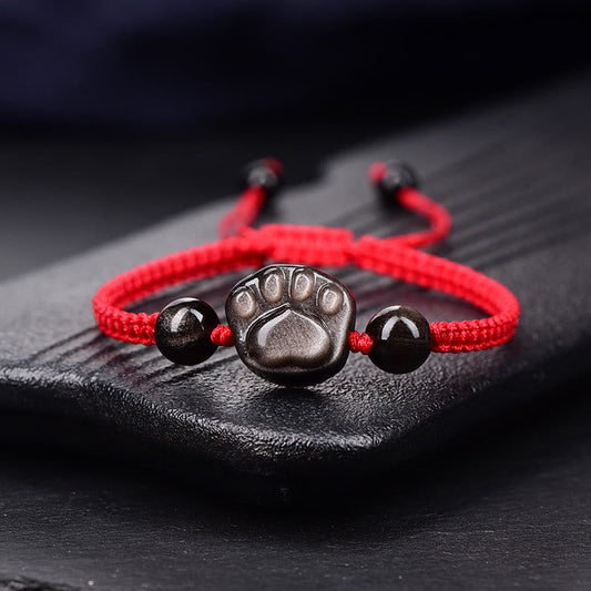Natural Silver Sheen Obsidian Gold Sheen Obsidian Cute Cat Paw Claw Protection Rope Bracelet