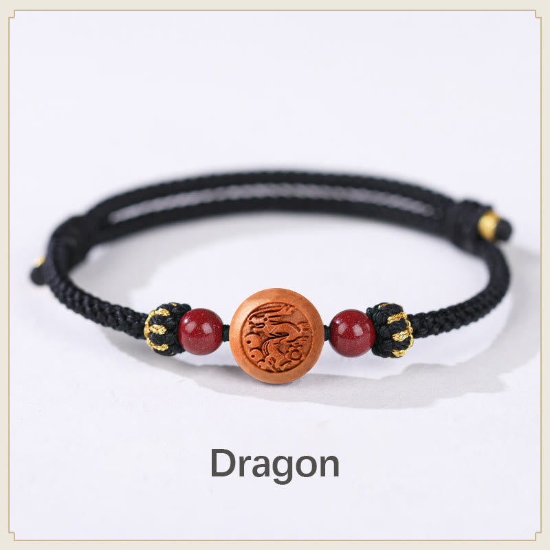 Natural Peach Wood Chinese Zodiac Fu Character Carved Cinnabar Wealth Bracelet