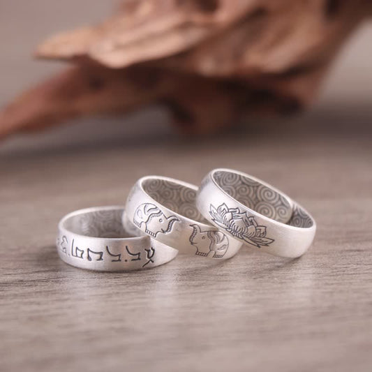 999 Sterling Silver Lotus Elephant Six True Words Blessing Ring