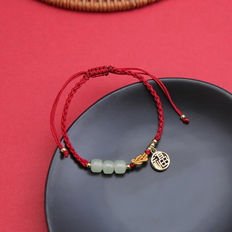 Handcrafted Jade Bead Fu Character Charm Luck Red Rope Bracelet