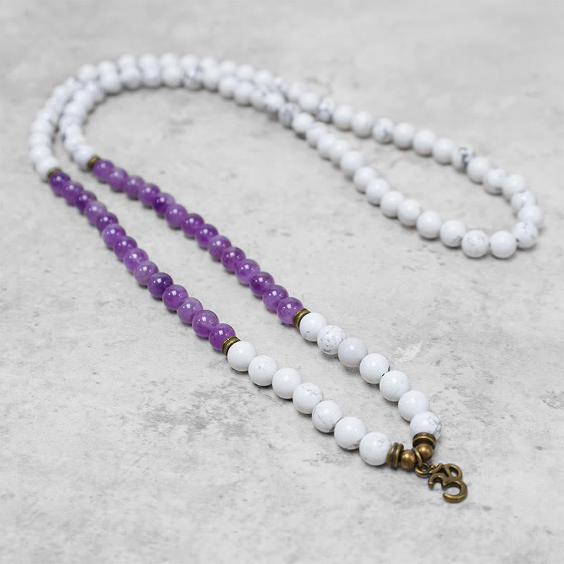 108 Mala Beads Amethyst White Turquoise OM Meditation Energy Bracelet