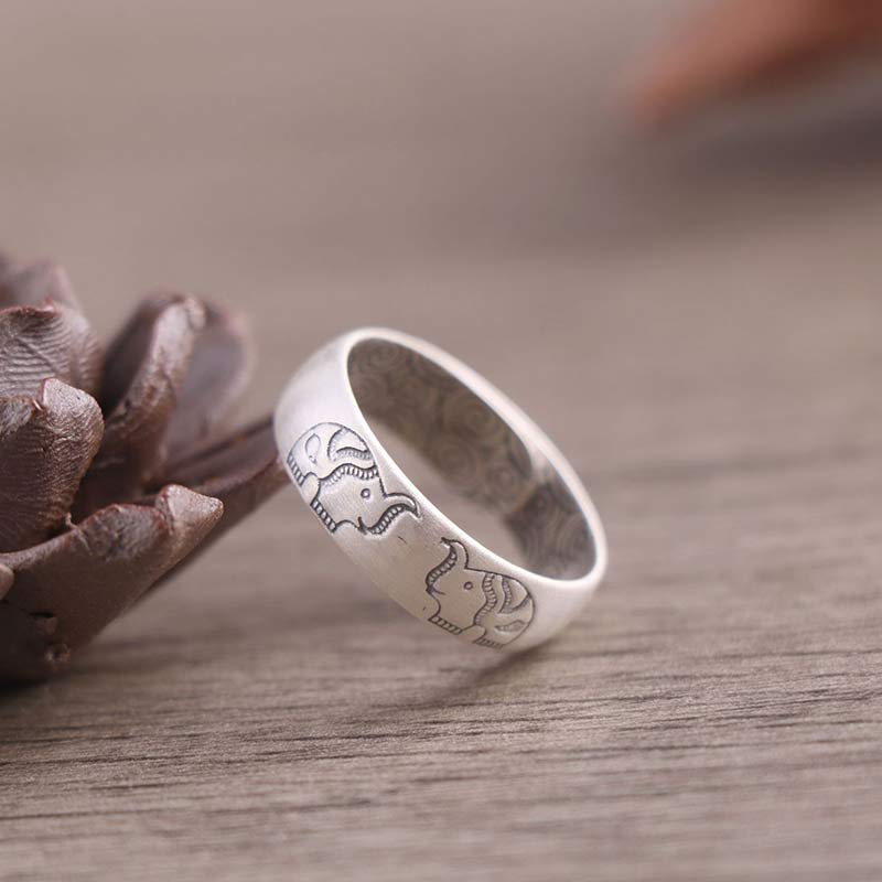 999 Sterling Silver Lotus Elephant Six True Words Blessing Ring
