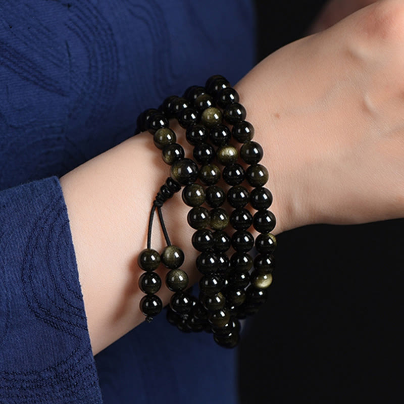 108 Mala Beads Natural Gold Sheen Obsidian Wealth Bracelet