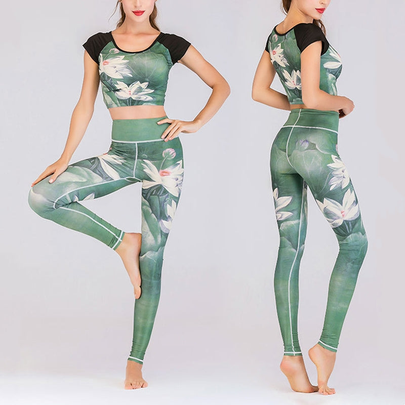 2Pcs Lotus Phoenix Spring Flowers Peacock Print Top Pants Sports Fitness Yoga Women's Yoga Sets
