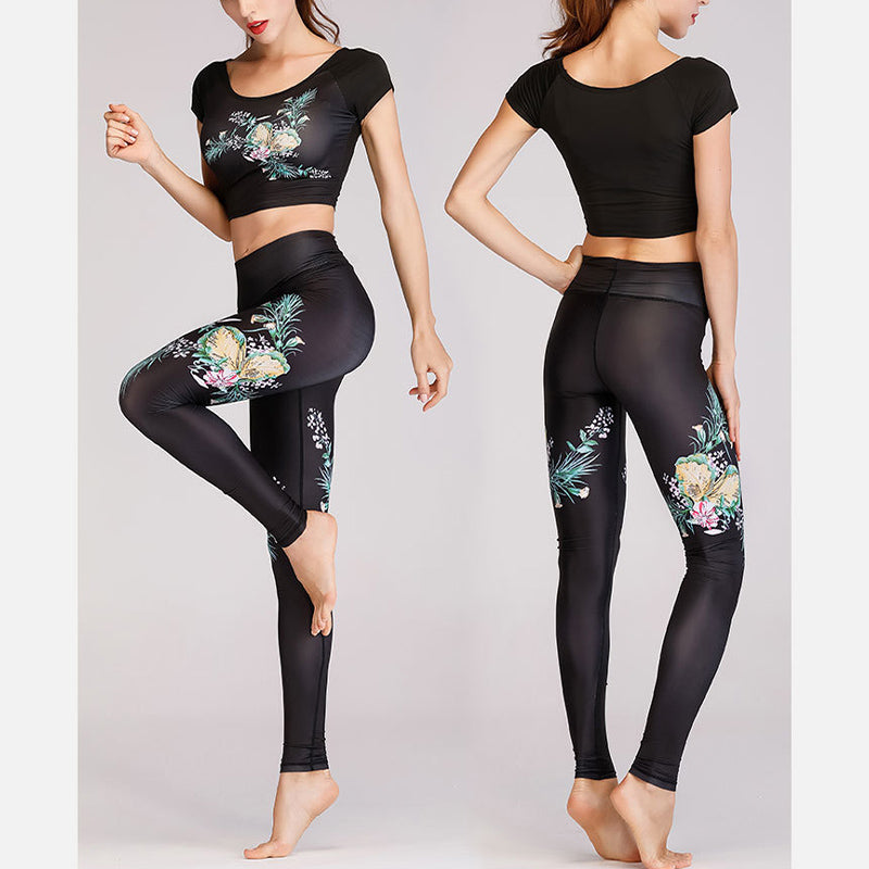2Pcs Lotus Phoenix Spring Flowers Peacock Print Top Pants Sports Fitness Yoga Women's Yoga Sets