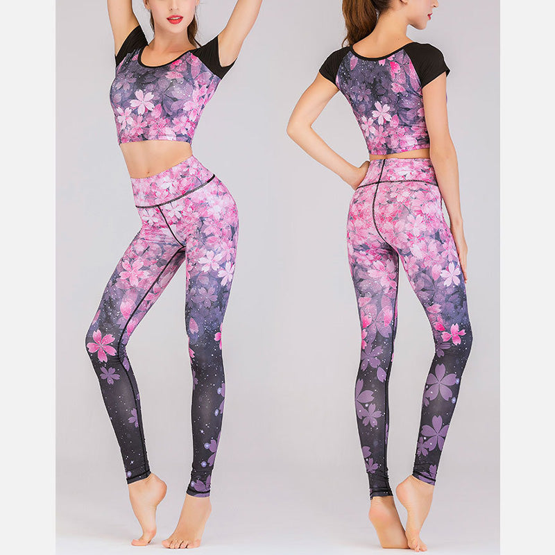2Pcs Lotus Phoenix Spring Flowers Peacock Print Top Pants Sports Fitness Yoga Women's Yoga Sets