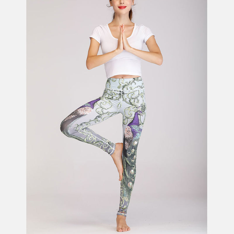2Pcs Lotus Phoenix Spring Flowers Peacock Print Top Pants Sports Fitness Yoga Women's Yoga Sets