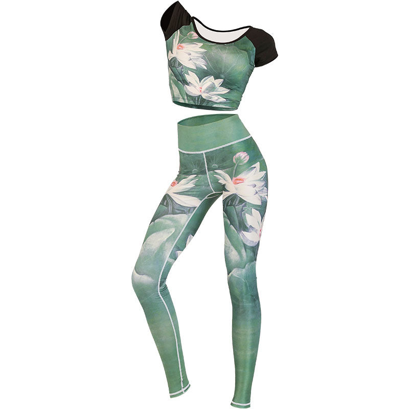 2Pcs Lotus Phoenix Spring Flowers Peacock Print Top Pants Sports Fitness Yoga Women's Yoga Sets
