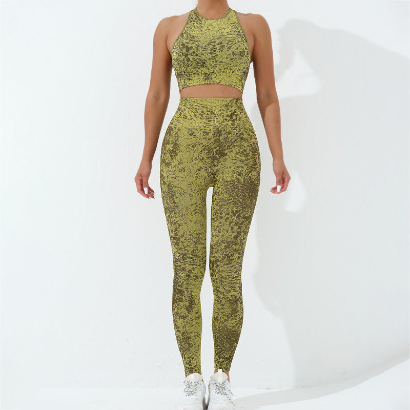 2Pcs Seamless Print Fitness Crop Tank Top Pants Sports Gym Outfits Women's Yoga Sets
