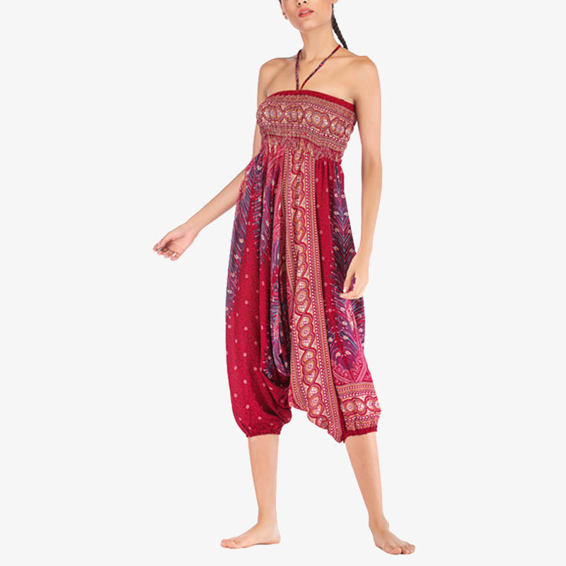 Two Style Wear Feathers Geometric Pattern Loose Smocked Trousers Jumpsuit Women's Yoga Pants
