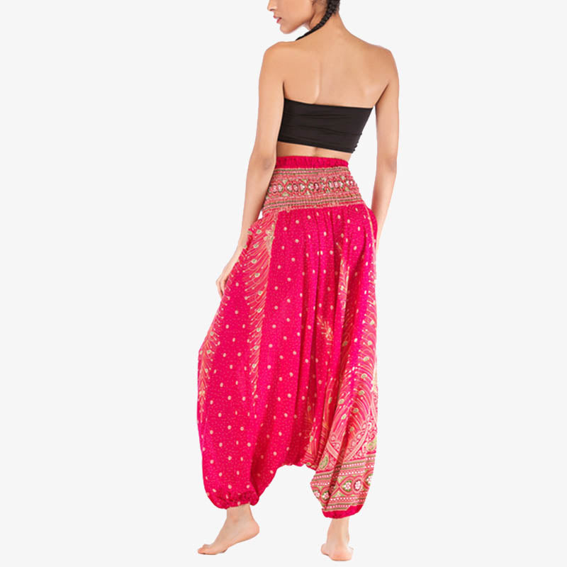 Two Style Wear Feathers Geometric Pattern Loose Smocked Trousers Jumpsuit Women's Yoga Pants