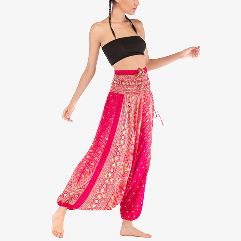 Two Style Wear Feathers Geometric Pattern Loose Smocked Trousers Jumpsuit Women's Yoga Pants