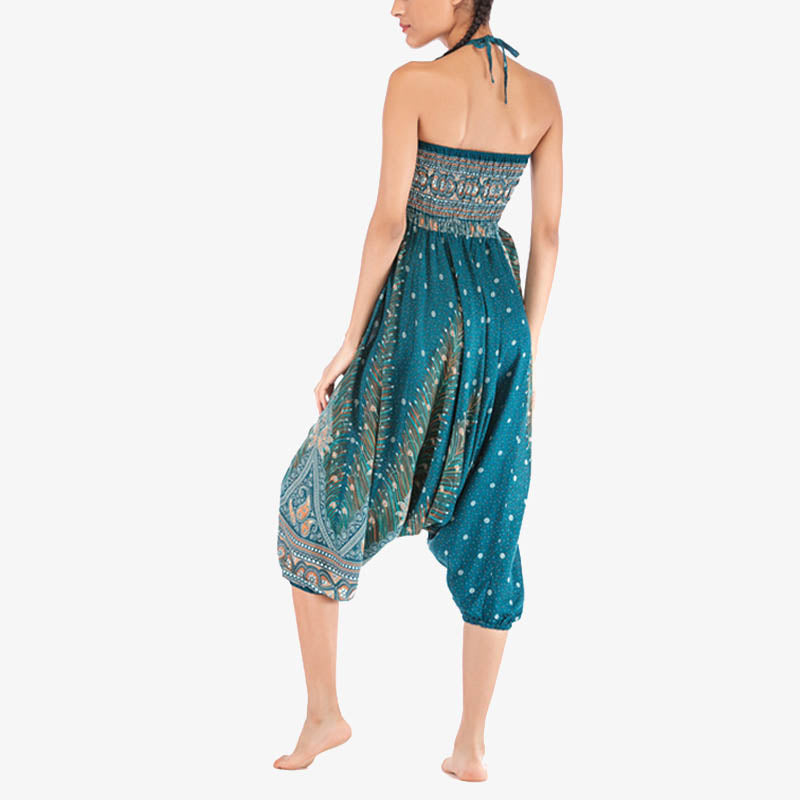 Two Style Wear Feathers Geometric Pattern Loose Smocked Trousers Jumpsuit Women's Yoga Pants