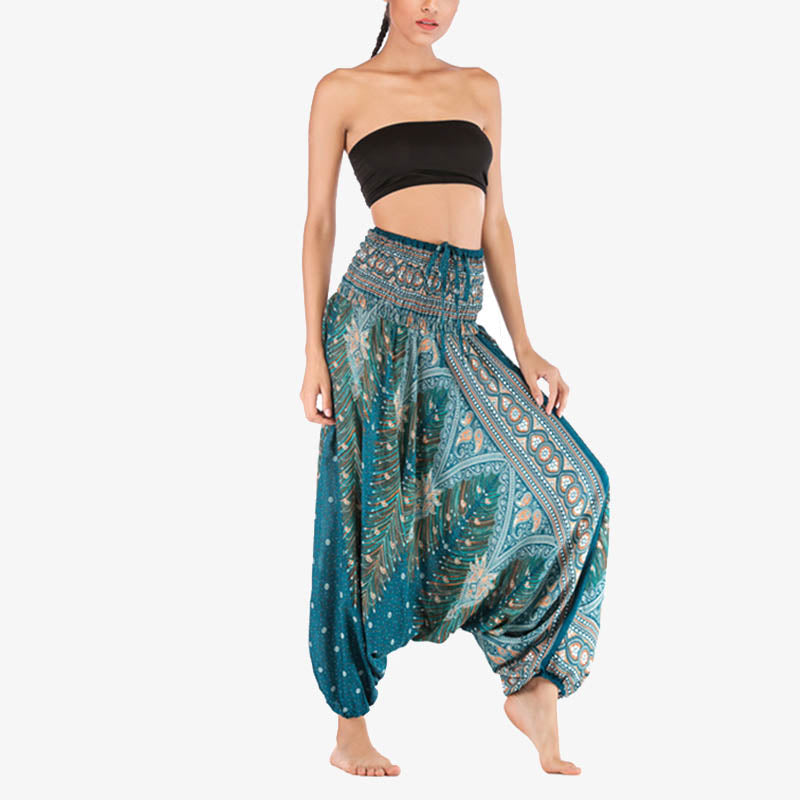 Two Style Wear Feathers Geometric Pattern Loose Smocked Trousers Jumpsuit Women's Yoga Pants