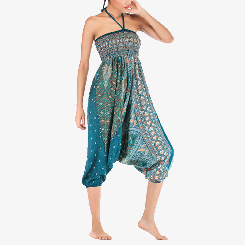 Two Style Wear Feathers Geometric Pattern Loose Smocked Trousers Jumpsuit Women's Yoga Pants