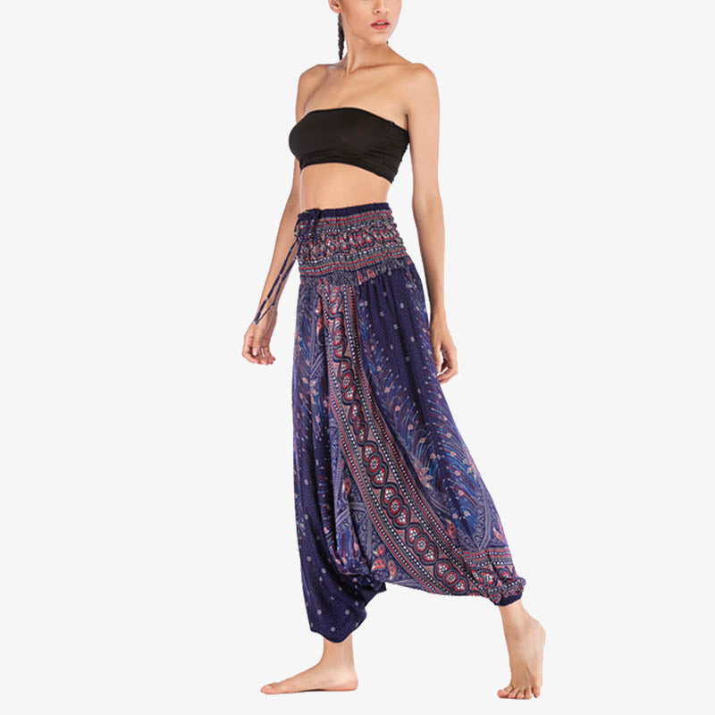 Two Style Wear Feathers Geometric Pattern Loose Smocked Trousers Jumpsuit Women's Yoga Pants