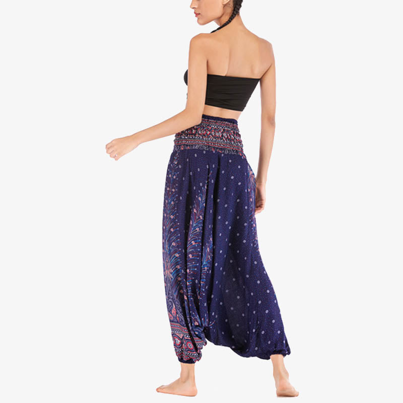 Two Style Wear Feathers Geometric Pattern Loose Smocked Trousers Jumpsuit Women's Yoga Pants
