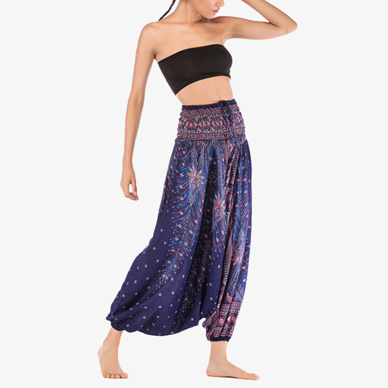 Two Style Wear Feathers Geometric Pattern Loose Smocked Trousers Jumpsuit Women's Yoga Pants
