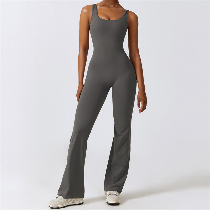 Women Workout Sleeveless Jumpsuit Flare Pants Sports Fitness Yoga Bodysuit