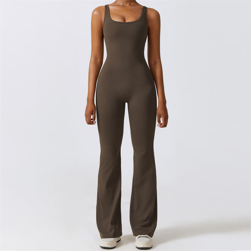 Women Workout Sleeveless Jumpsuit Flare Pants Sports Fitness Yoga Bodysuit