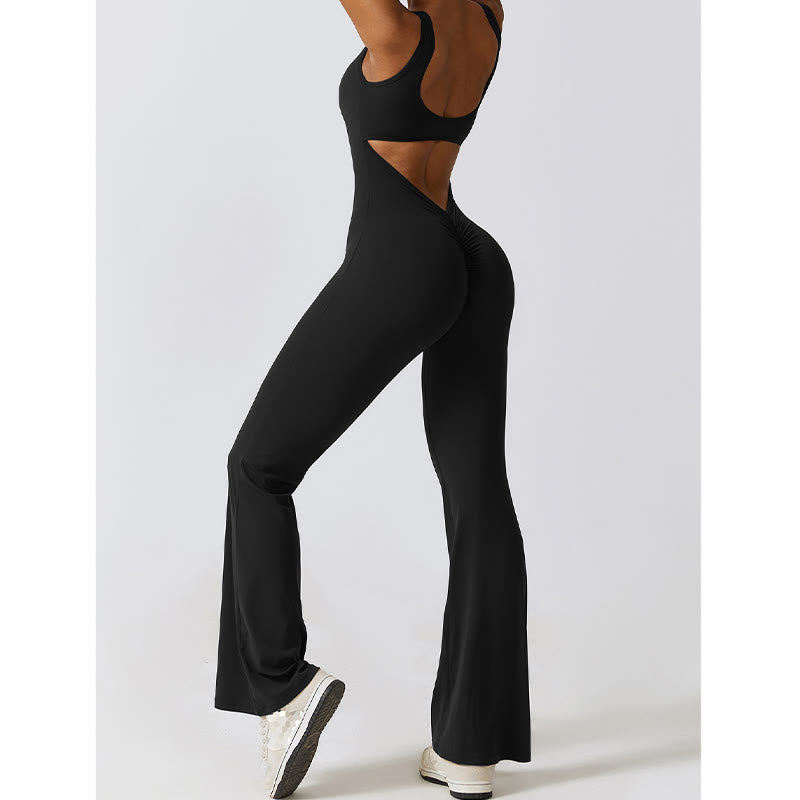 Women Workout Sleeveless Jumpsuit Flare Pants Sports Fitness Yoga Bodysuit