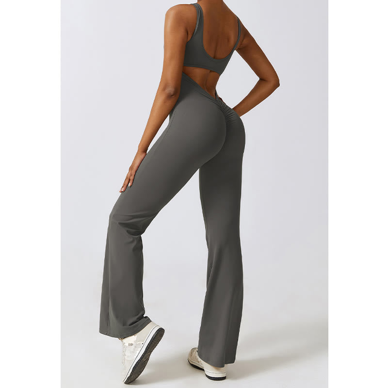 Women Workout Sleeveless Jumpsuit Flare Pants Sports Fitness Yoga Bodysuit