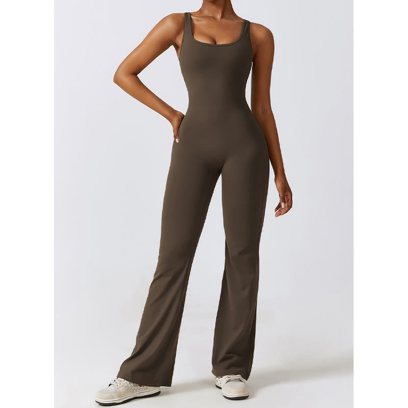 Women Workout Sleeveless Jumpsuit Flare Pants Sports Fitness Yoga Bodysuit