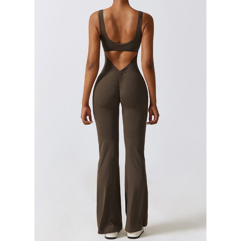 Women Workout Sleeveless Jumpsuit Flare Pants Sports Fitness Yoga Bodysuit