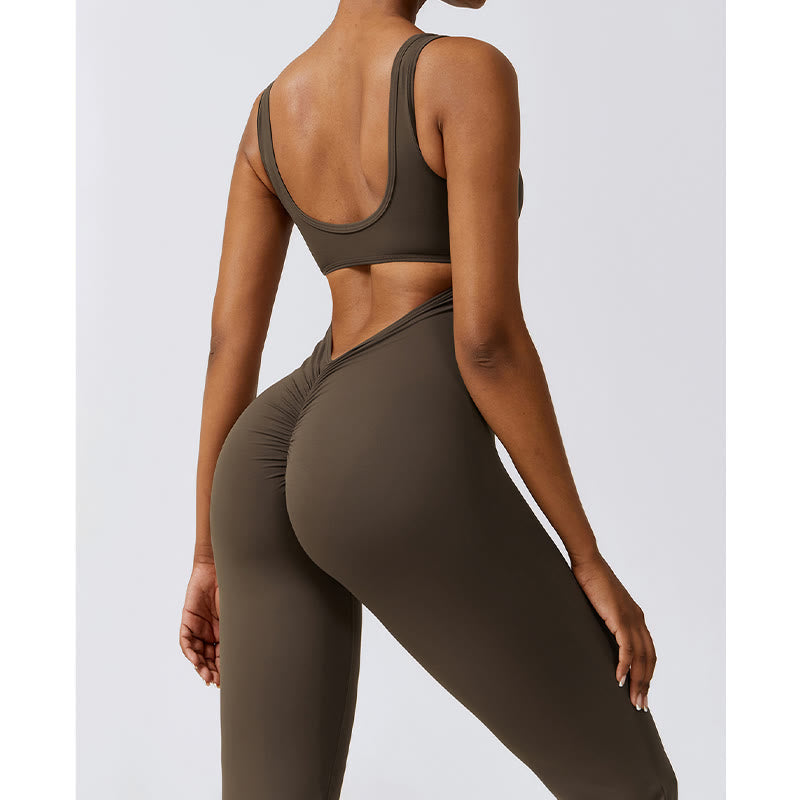Women Workout Sleeveless Jumpsuit Flare Pants Sports Fitness Yoga Bodysuit