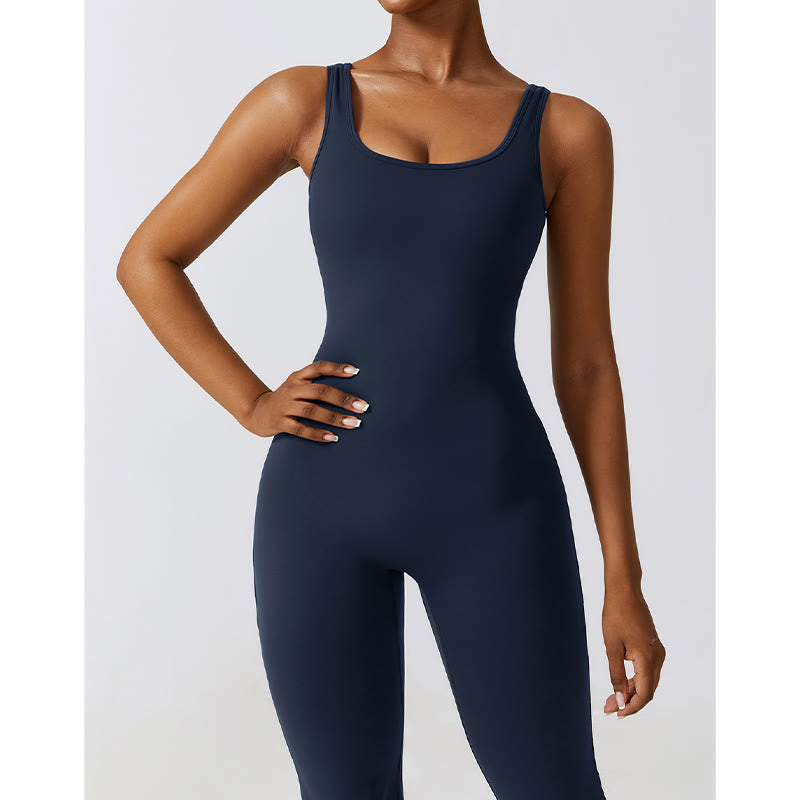 Women Workout Sleeveless Jumpsuit Flare Pants Sports Fitness Yoga Bodysuit