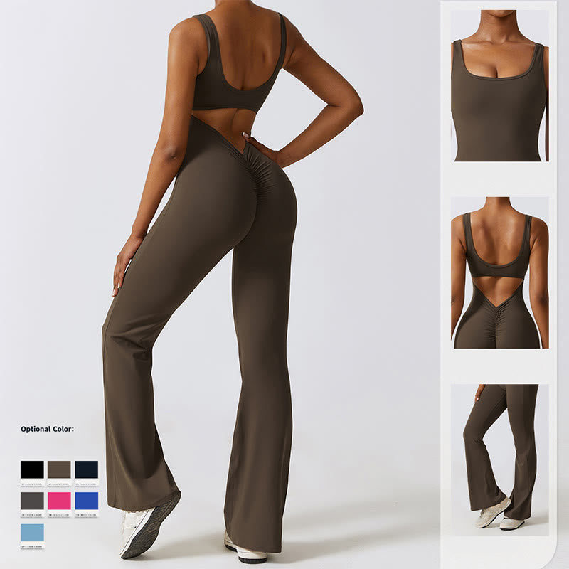 Women Workout Sleeveless Jumpsuit Flare Pants Sports Fitness Yoga Bodysuit
