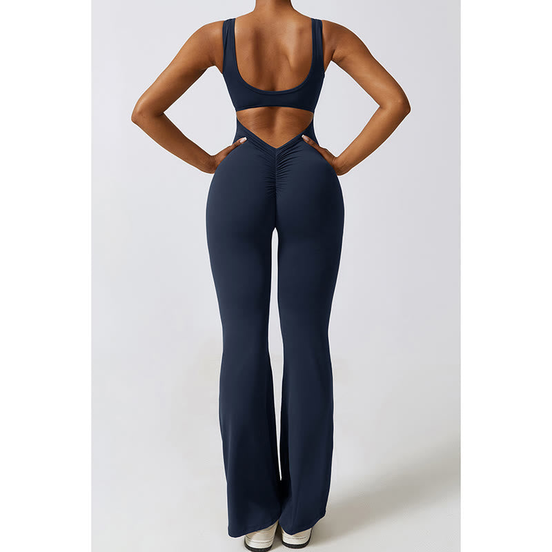 Women Workout Sleeveless Jumpsuit Flare Pants Sports Fitness Yoga Bodysuit
