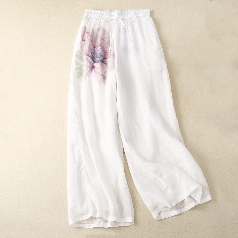 Floral Print High Waist Cotton Linen Drawstring Wide Leg Pants With Pockets