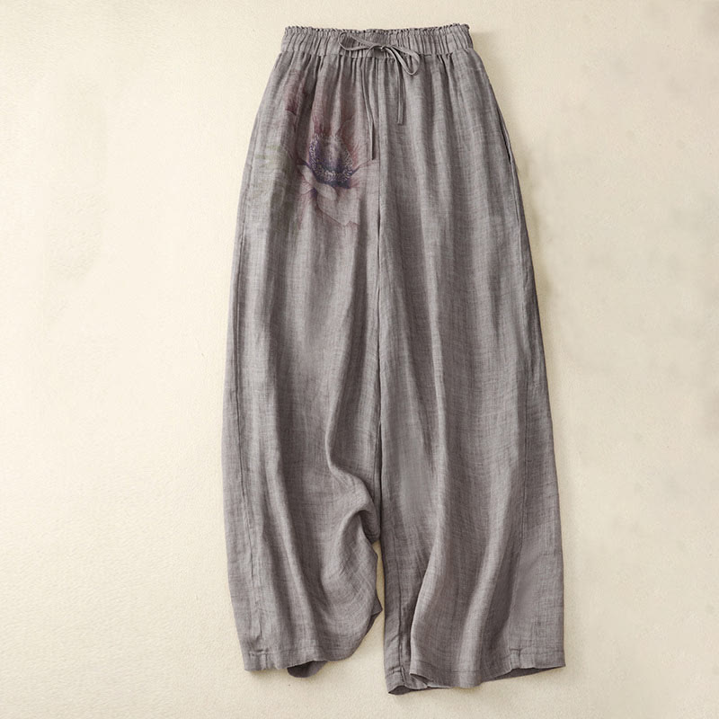 Floral Print High Waist Cotton Linen Drawstring Wide Leg Pants With Pockets