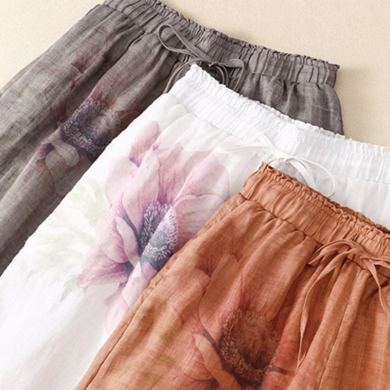 Floral Print High Waist Cotton Linen Drawstring Wide Leg Pants With Pockets